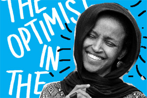 Rep. Ilhan Omar smiling in front of a blue background