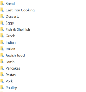 a long list of folders  from bread to poultry, from a windows explorer page